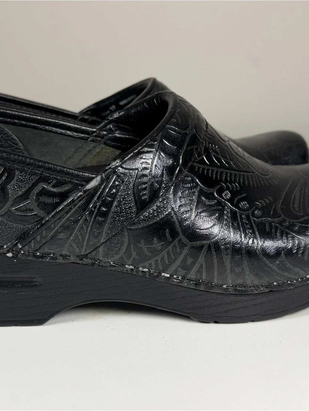 Dansko Black Embossed Leather Slip-On Clogs size 37